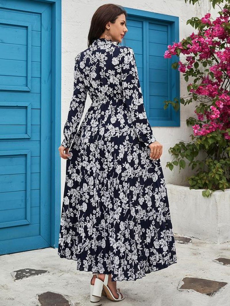 Women'S Floral Print Tie Neck Long Sleeve Vintage A-Line Dress, Summer Clothes Women, Elegant Flared Long Maxi Dresses for Spring & Fall, Women Clothing